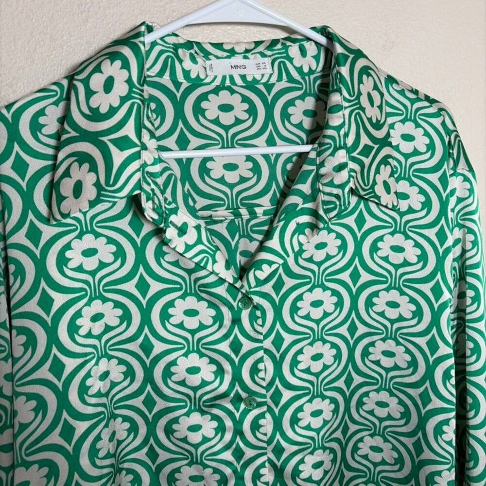 MNG Shirt Women's 18 Green Printed Floral Button Up Long Sleeve Collared Top - Picture 3 of 8